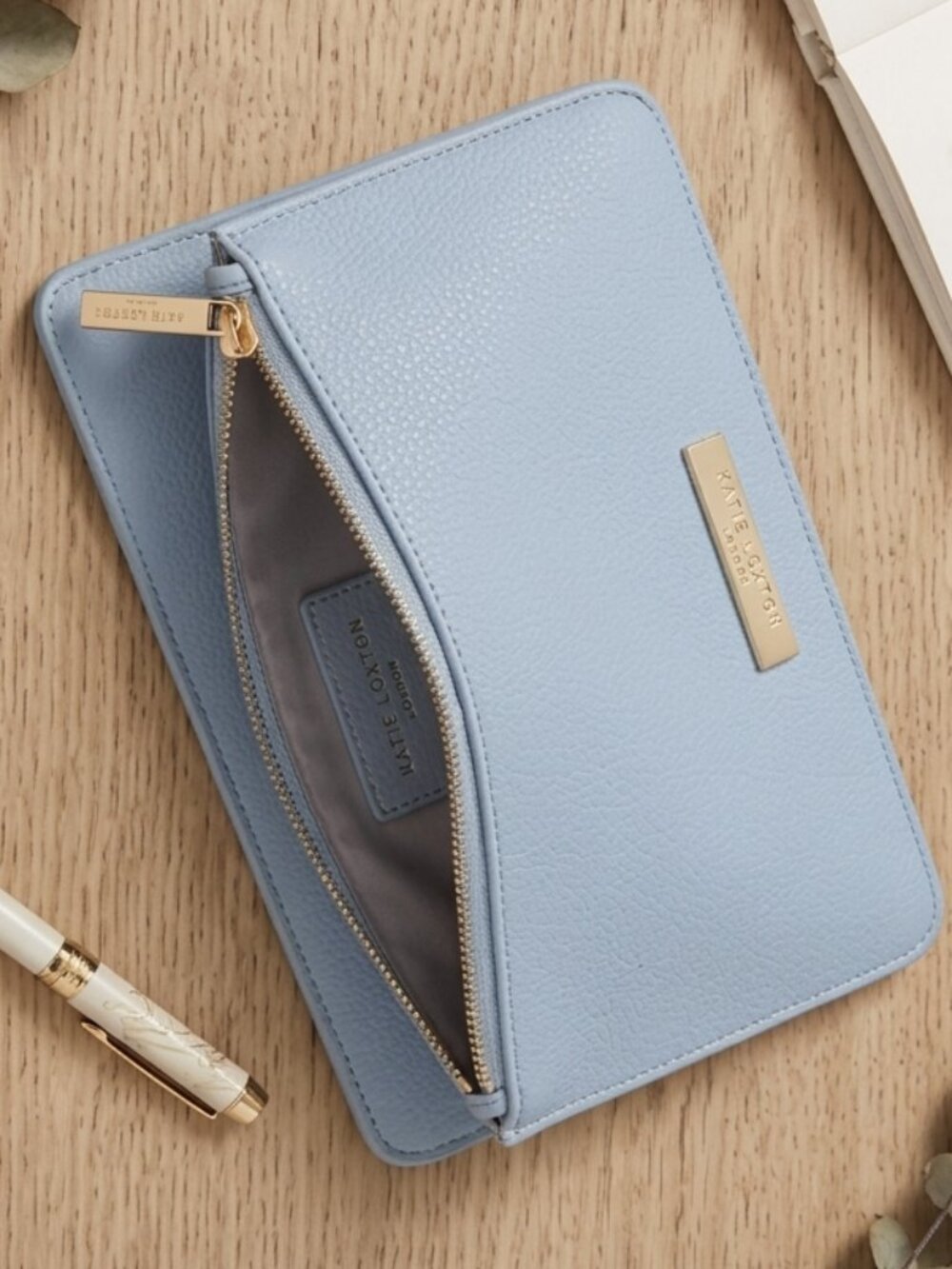 Katie Loxton London Blue Clutch Pouch Saffiano Vegan Leather Travel Minimalist